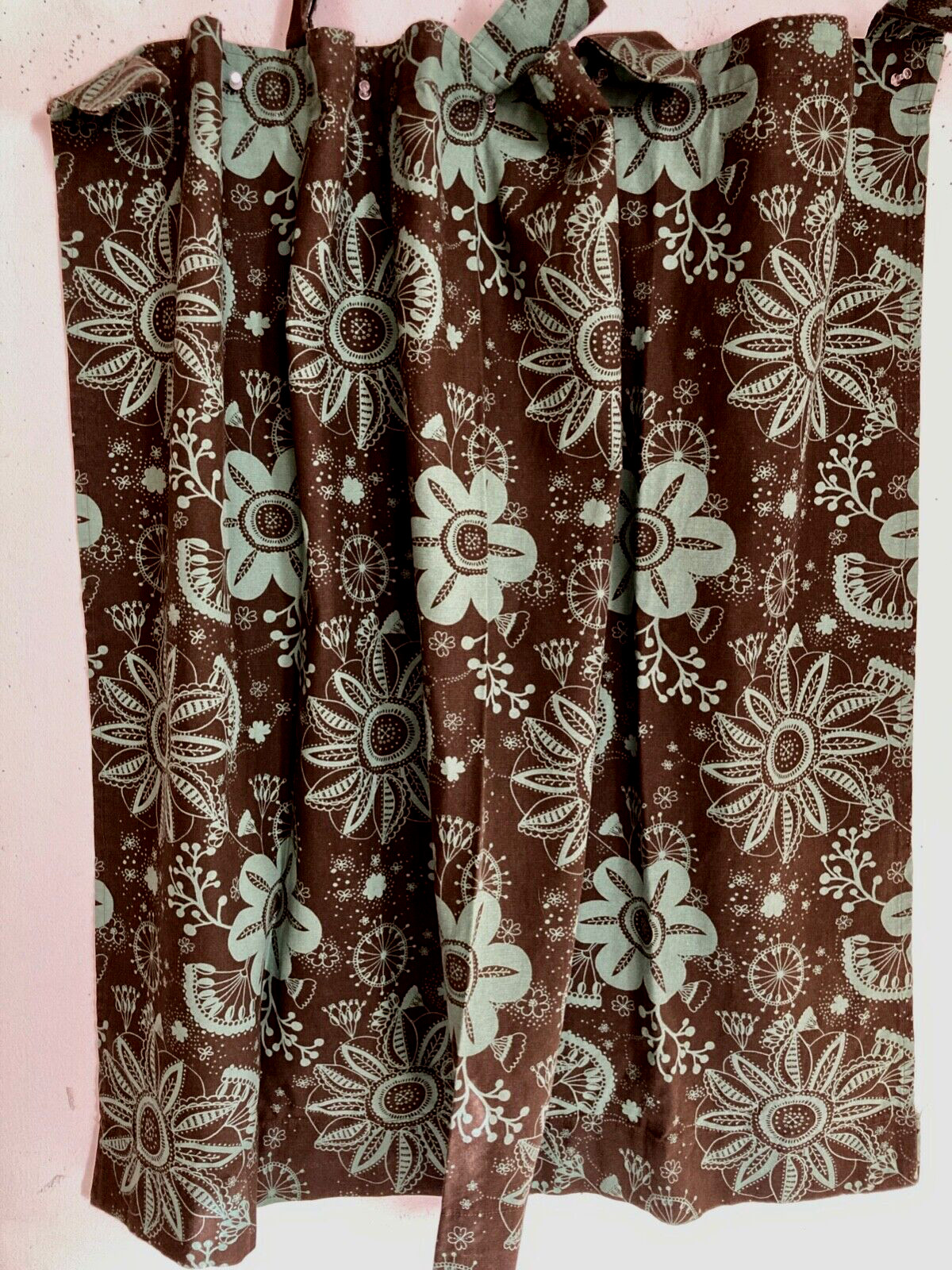 Pair Floral Abstract Tab Curtains Dark Brown Background w/Blue Flowers 40X43
