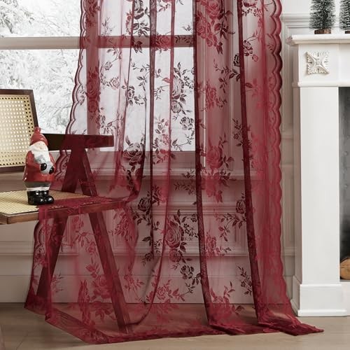 Lace Curtains 84 Inches Long Vintage Floral 52″W x 84″L (Pack of 2) Burgundy