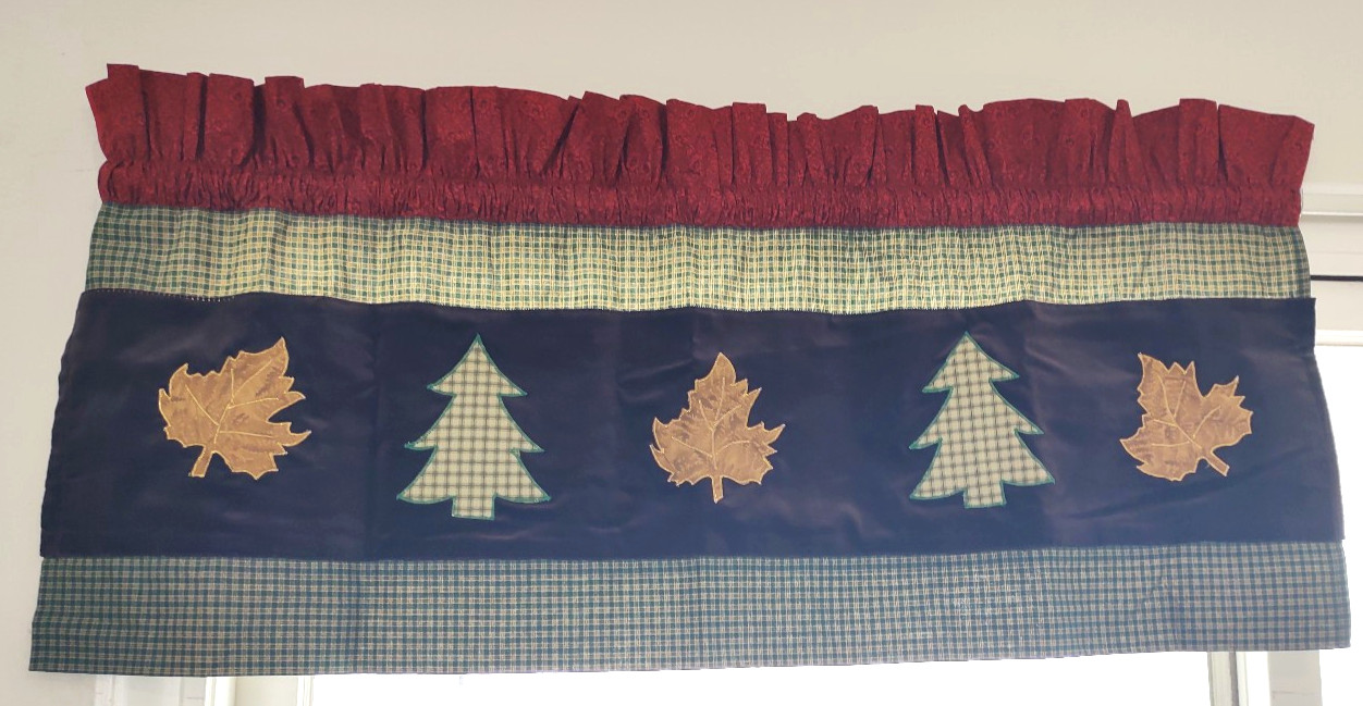 2 Handmade Woodland Valances~Plaid~Country~Reds~Greens~Brown~Leaves~Autumn~Fall