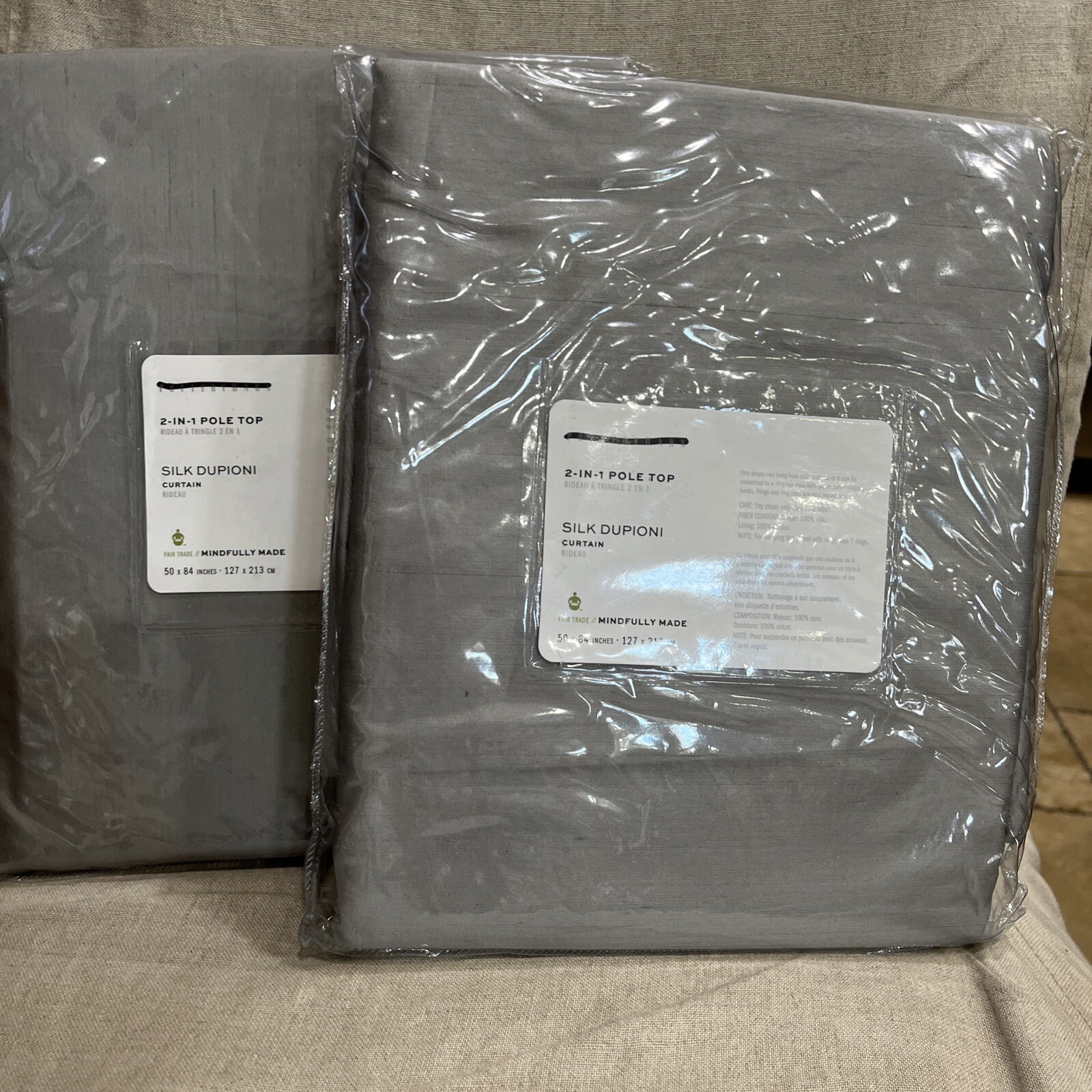 Pottery Barn Silk Platinum Gray Drapes 50×84″ cotton lining S/2