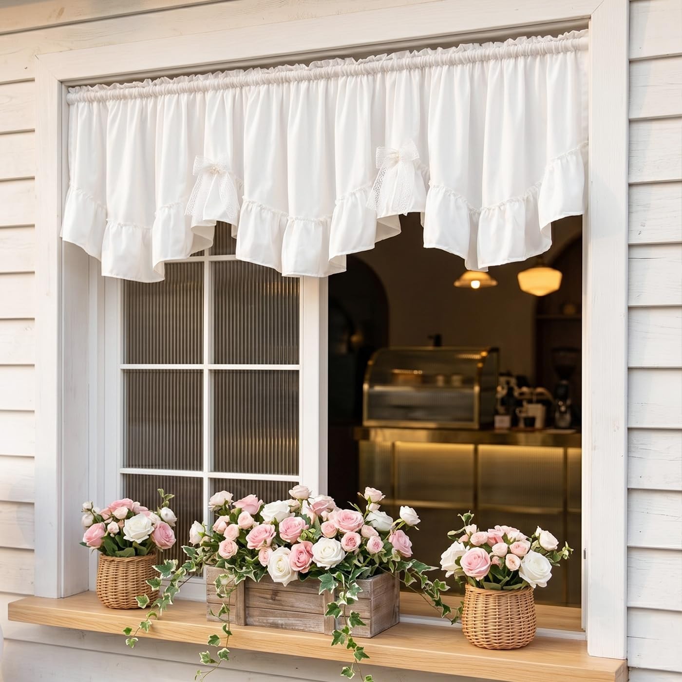 White Scalloped Ruffled Valance Curtain, Farmhouse Rod Pocket Cafe Valance wi…