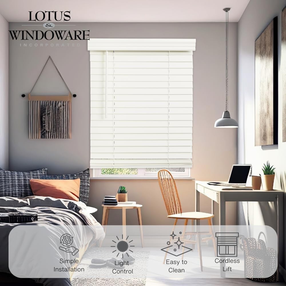 Cordless 2″ Faux Wood Blind 42×60 Room Darkening Soft White