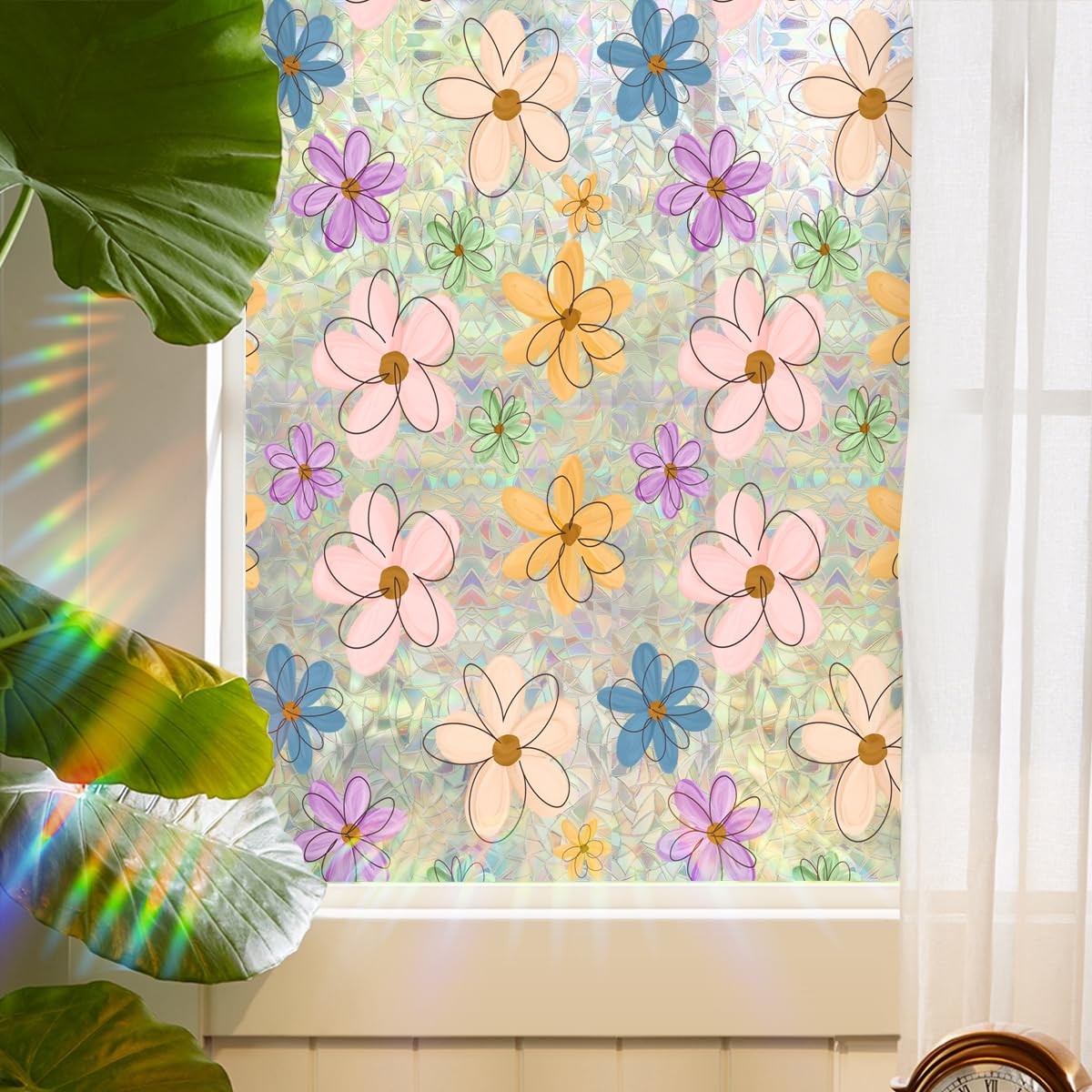 Runtoo Window Privacy Film Rainbow Daisy Flower 15.75*40 in,