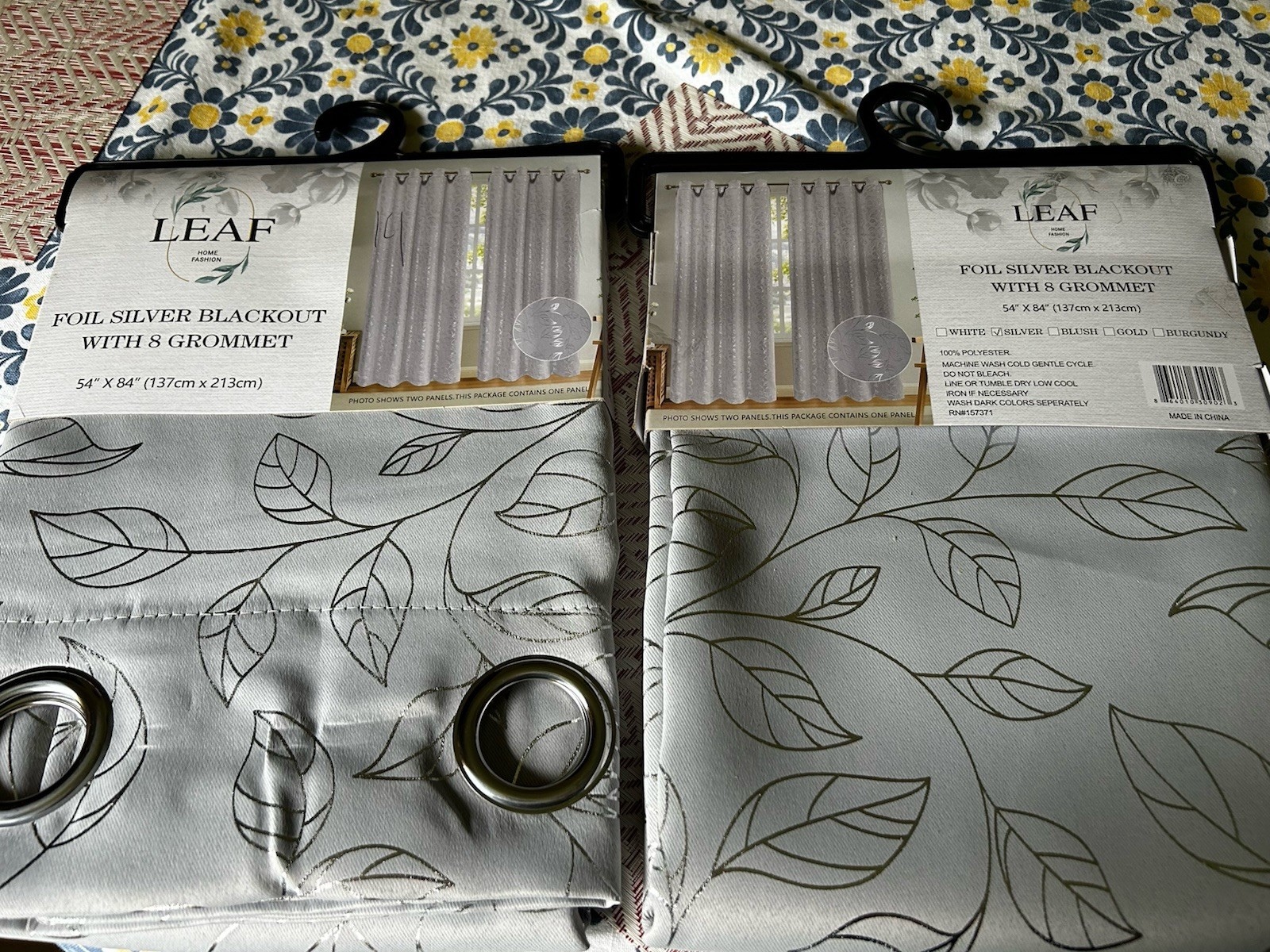 Silver Blackout Curtain Panel 54” x 84” Leaf Pattern Grommet Top – 2 Panels