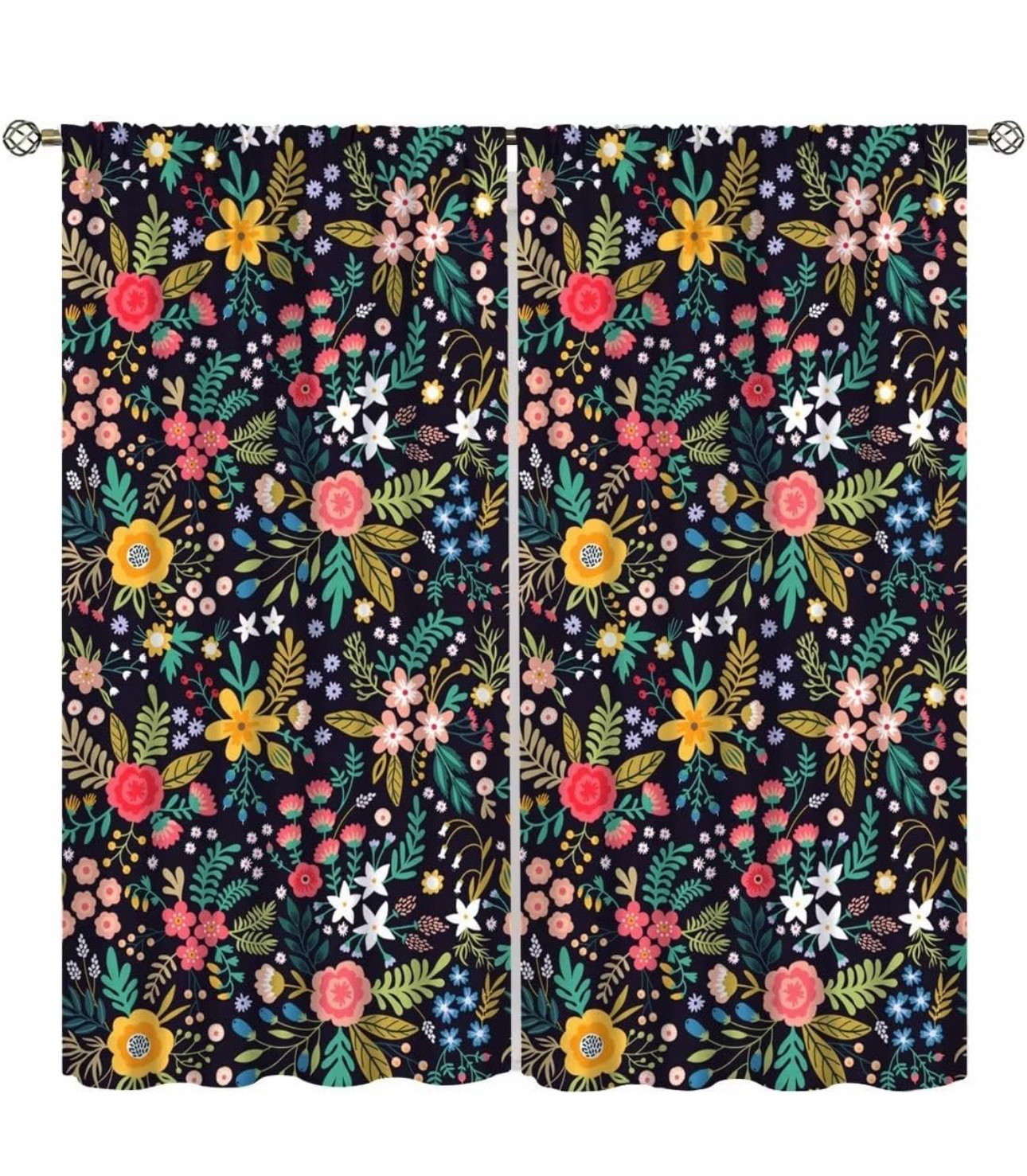 Rustic Floral Curtains, Colorful Folk Art Wildflower , 2 Panels, 42 x 45