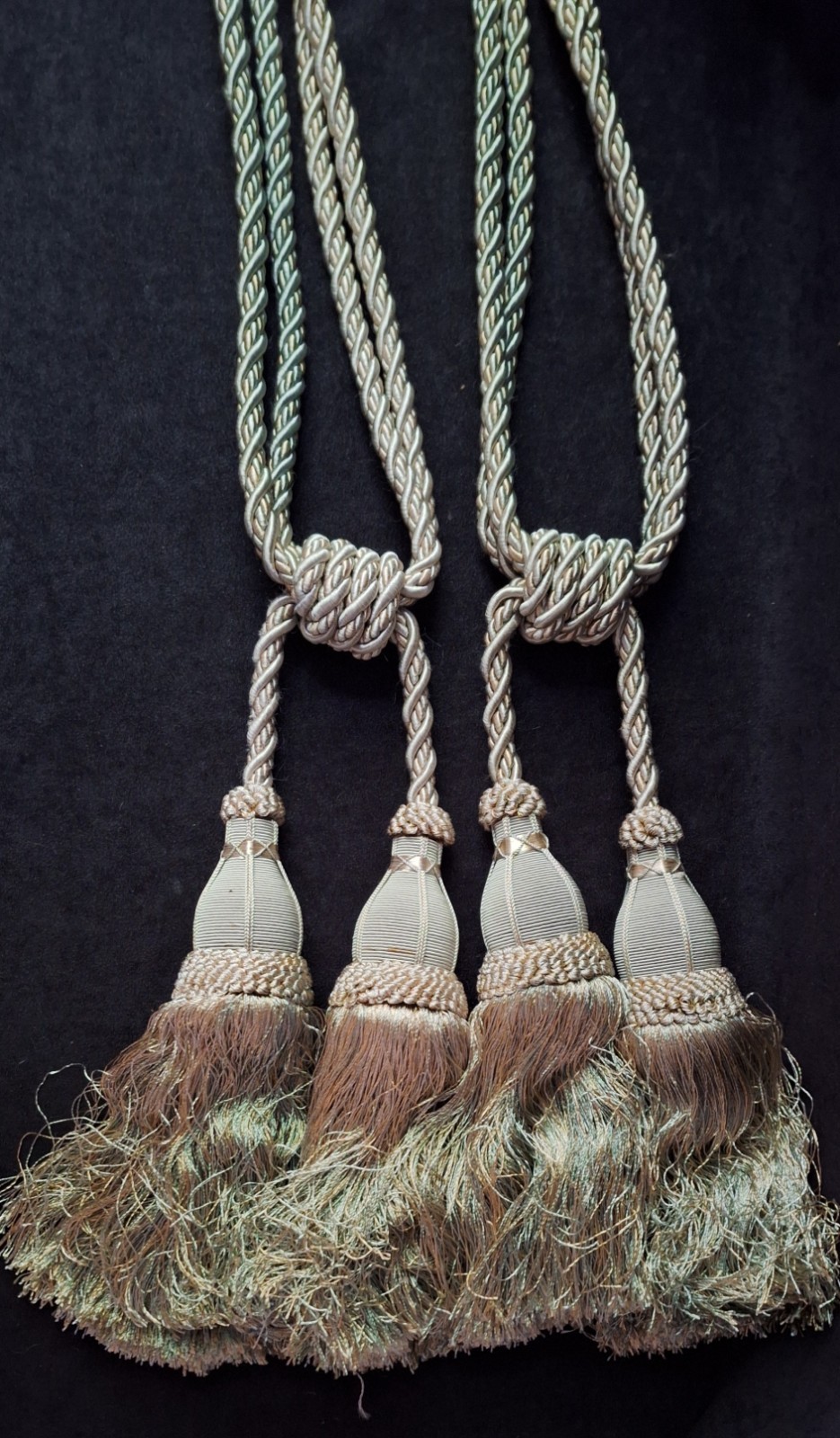 PAIR Victorian Style Double Tassel Tieback Sage and Gold 32″