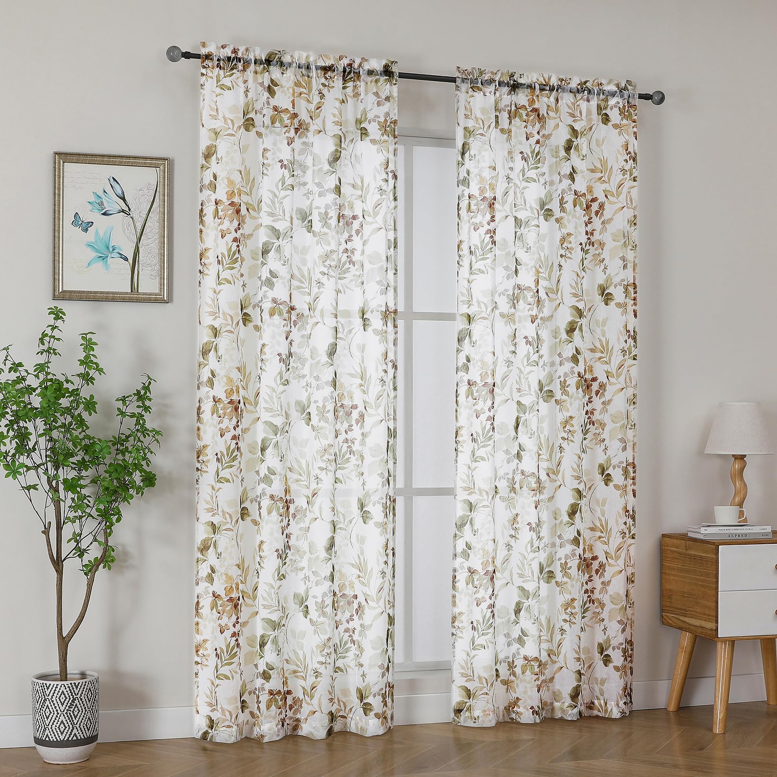 Crushed Sheer Curtains 63 Inch Length 2 Panels Set, Sheer Floral Curtians wit…