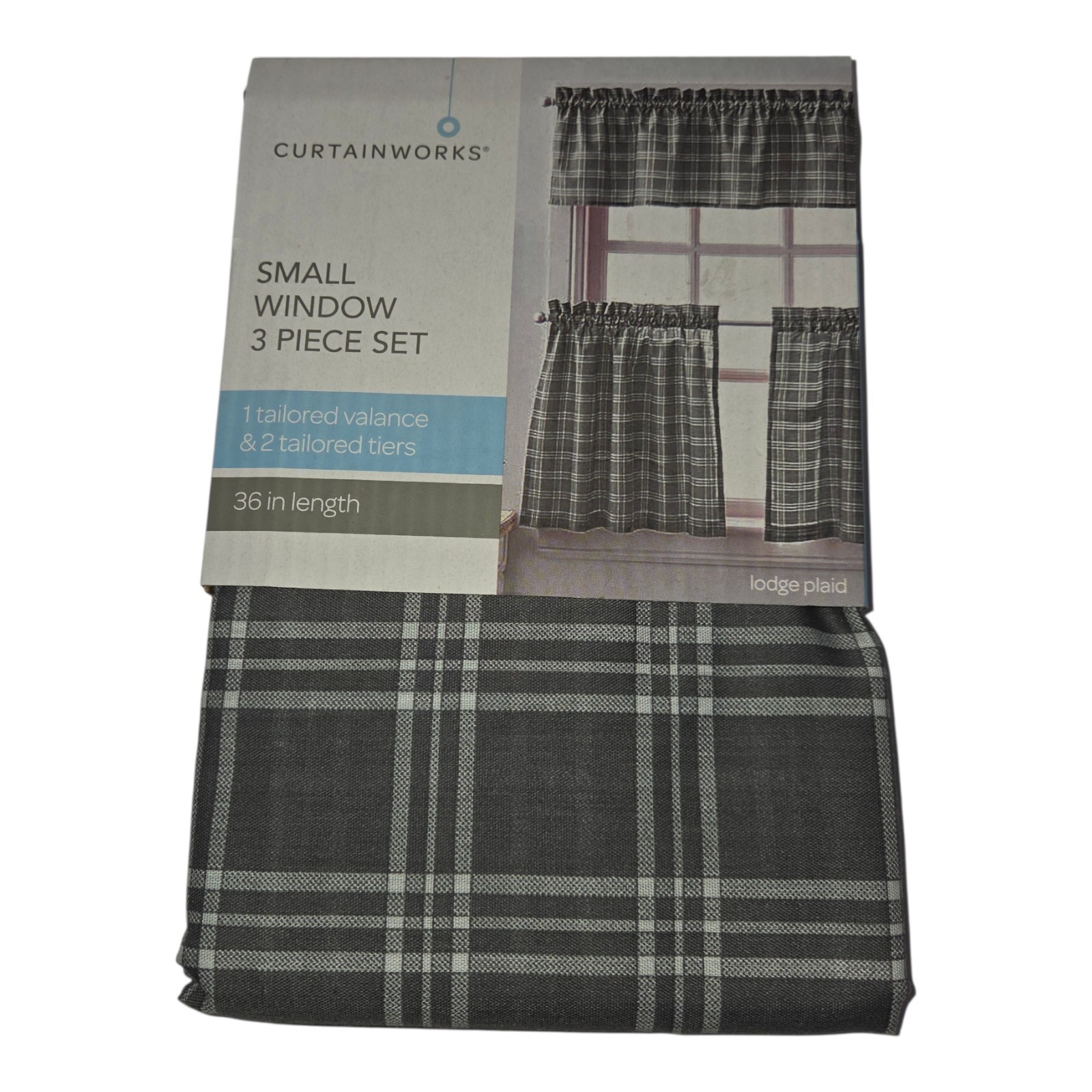 Curtain Works Small Window Lodge Plaid Grey 3-piece Set 36″ Length
