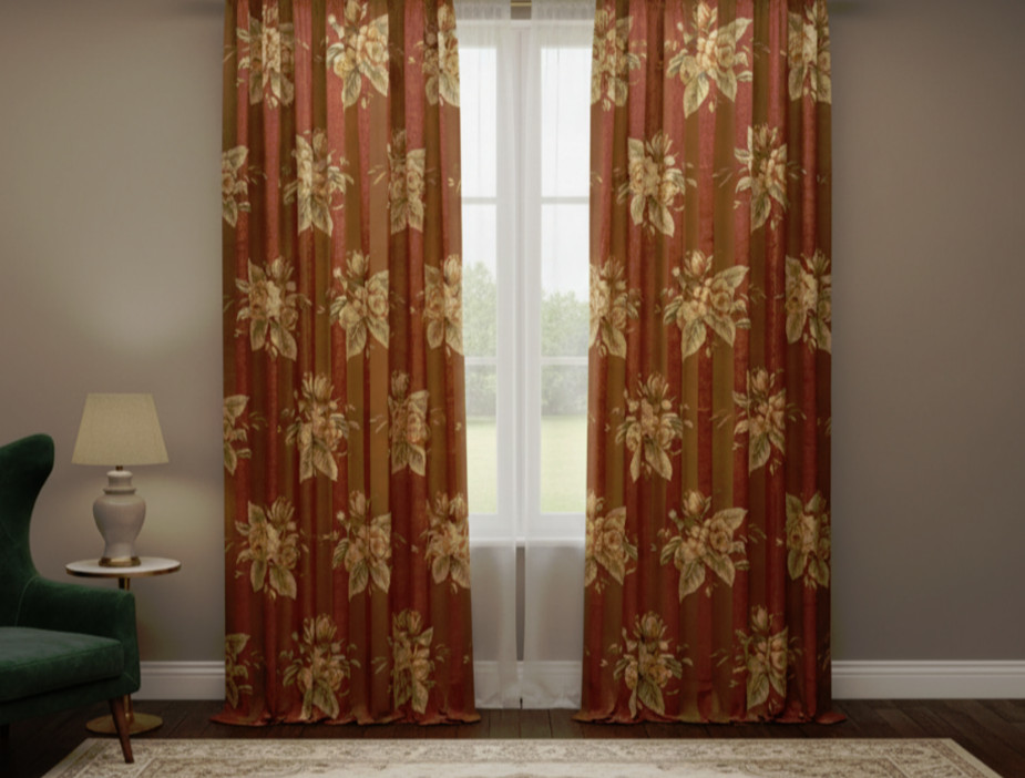 Sheer Curtains Pack of 2 Floral Striped Design 82″x58″ Red