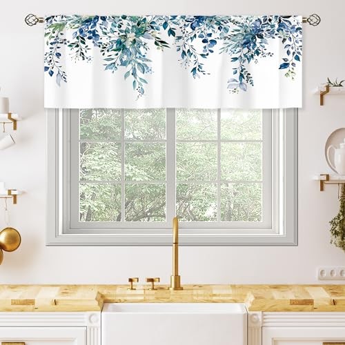 Teal Eucalyptus Botanical Leaves Valances 52″W x 18″L (Pack of 1) 03 Navy Blue