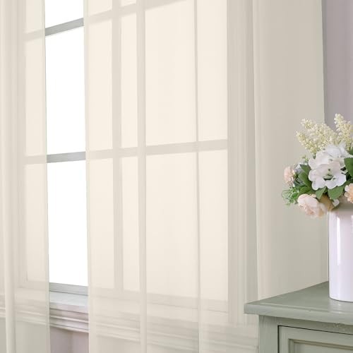 Sheer Curtains 63 Inch Length 2 Panels Set for 42″W x 63″L (Pack of 2) Cream
