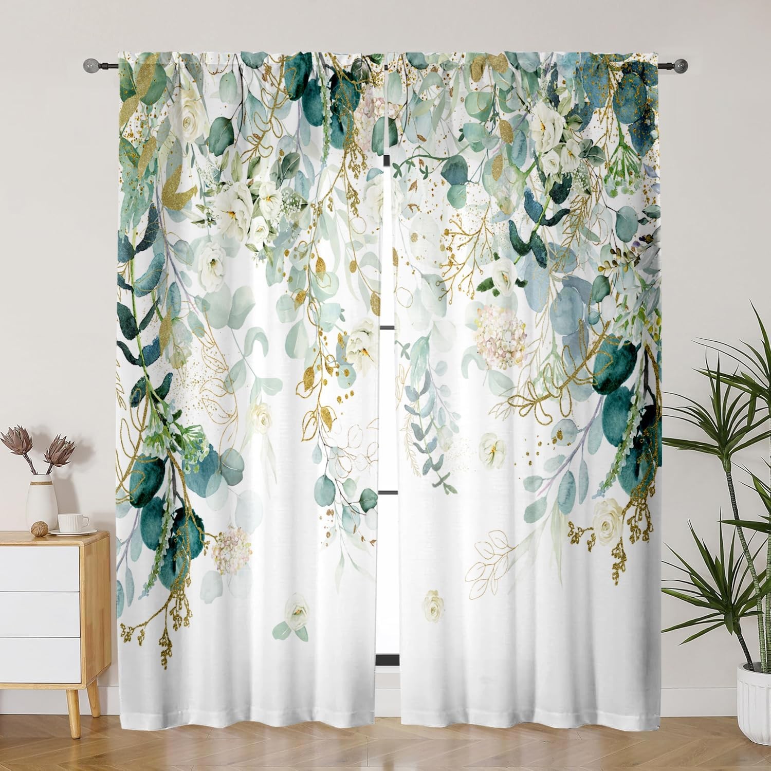 Gold Green Curtains 84 Inches Long Sage Green Leaves Light Filtering Curtain
