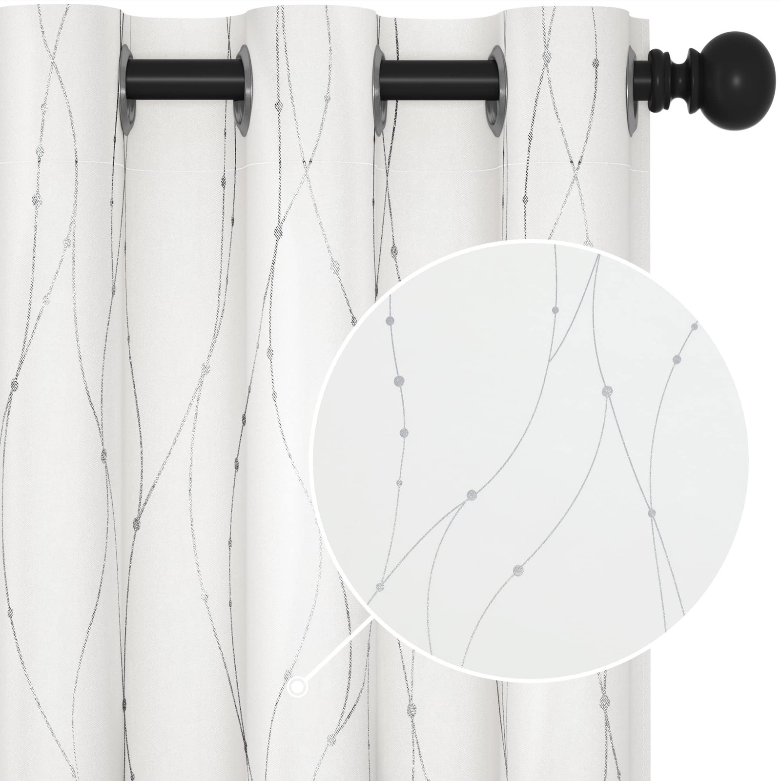 Room Darkening Curtains, Pure White Thermal Grommet Drapes, Silver Wave Dots …