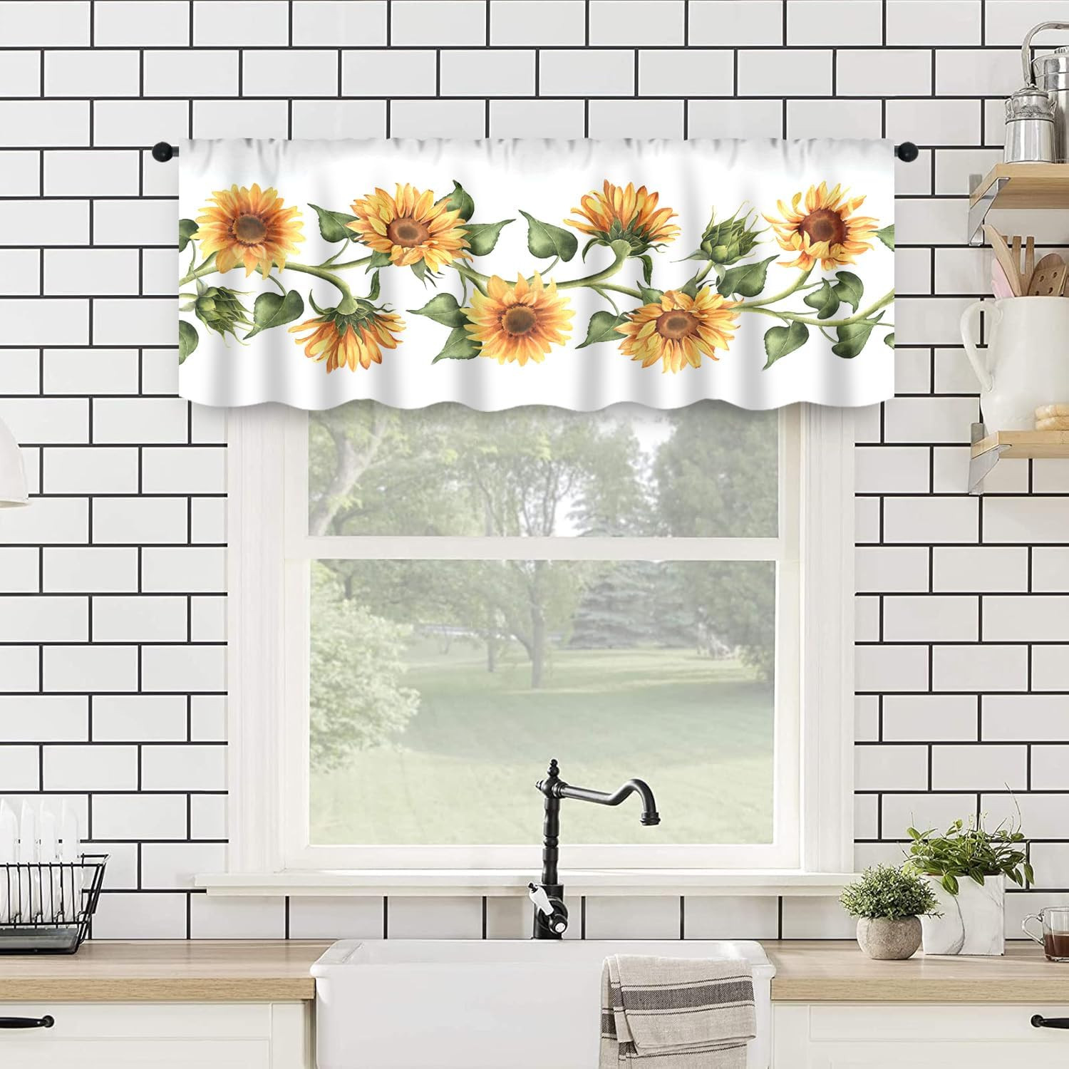 2pcs Kitchen Curtains Sunflower Valance and Tiers Sets 58wx14h Rod Pocket Sunflo