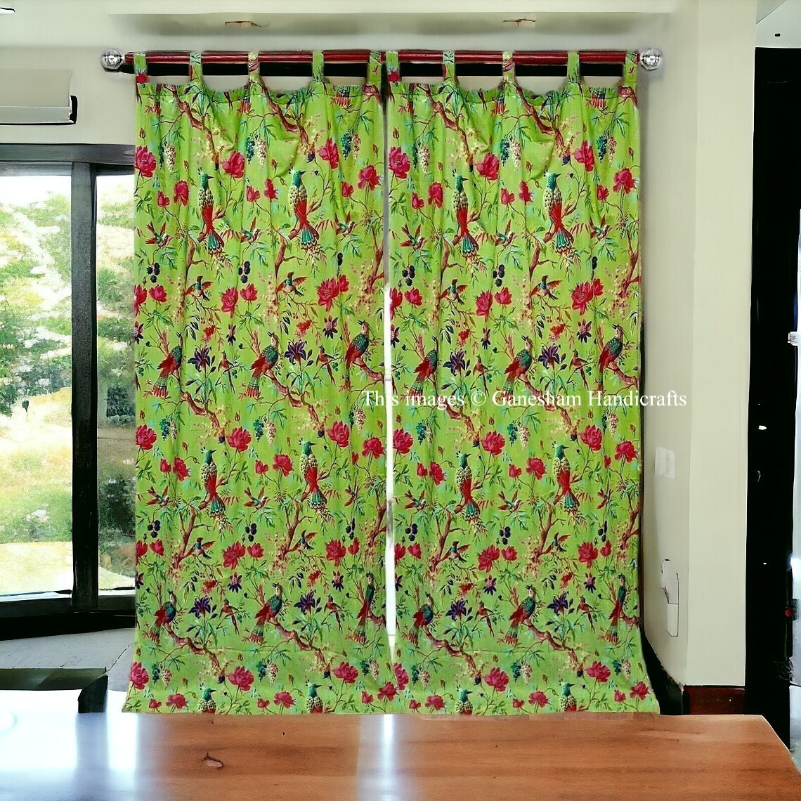 2 Pieces Indian Vintage Cotton Bird Print Boho Drapes Window Decor Green Curtain