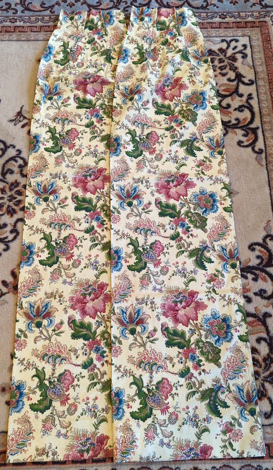 Vintage Pair Pinch Pleat Panela Drapes Curtains Tweed Look Floral & Cream 72″L
