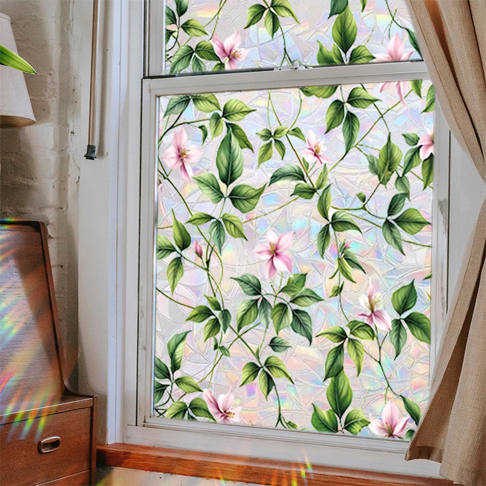 Stained Glass Privacy Window Film Rainbow Green Leaves Flower Glass Door Film…