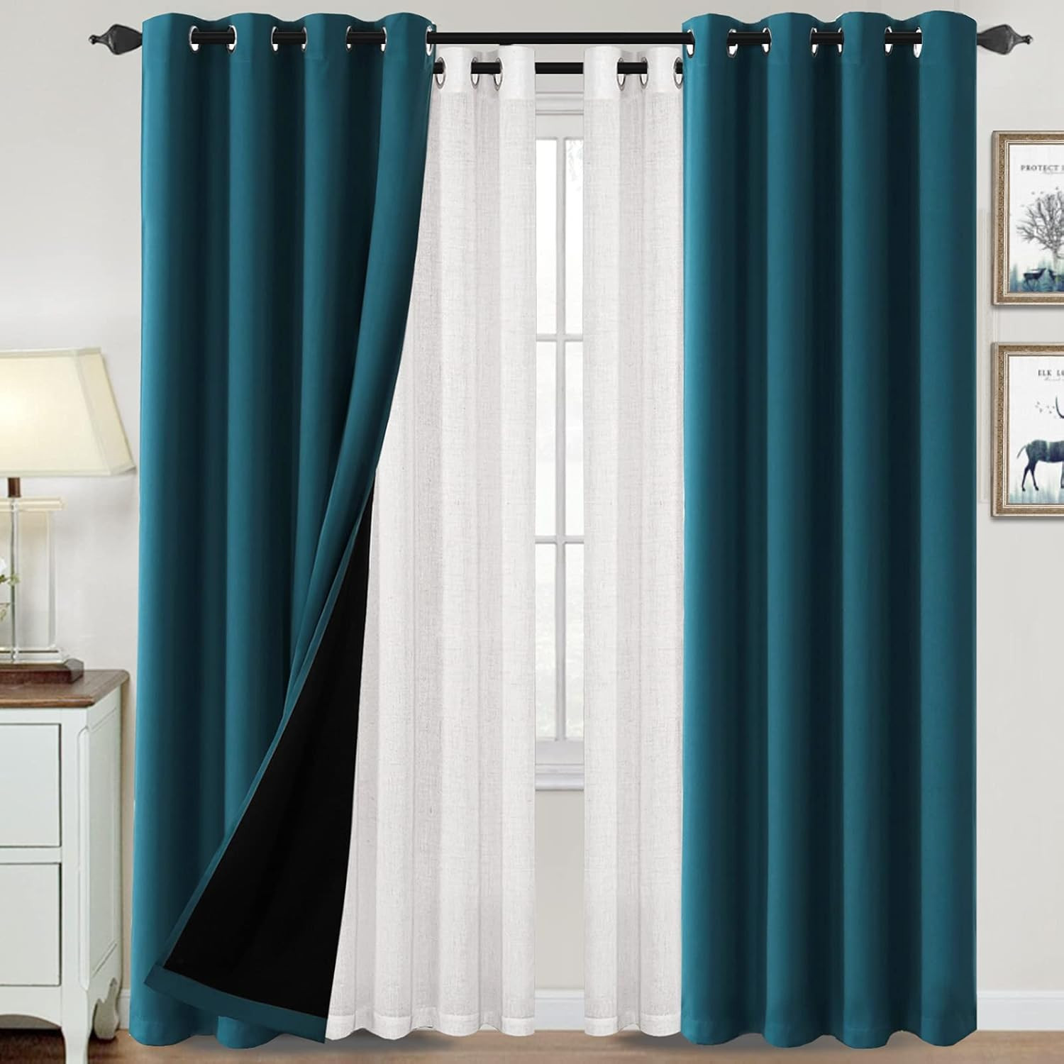 Off White & Dark Teal 100% Blackout Linen Curtain Panels, 2 Pack, 52″x84