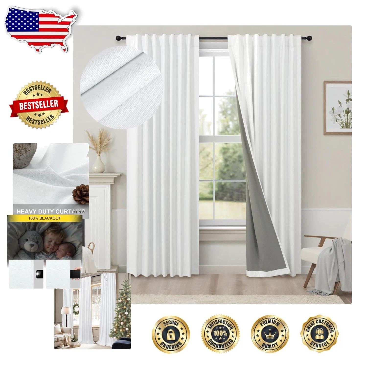 Luxury White Linen Texture 52×78 Blackout Curtains, 2 Panels, Noise Cancelling