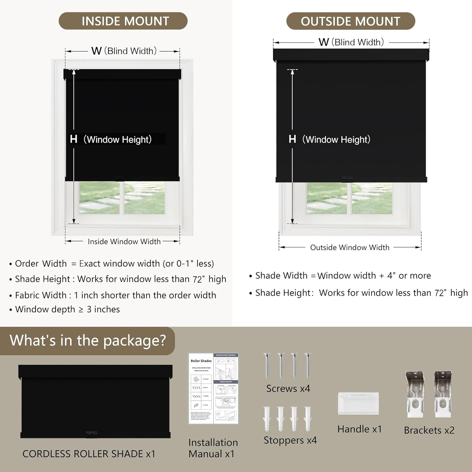Cordless Blackout Roller Shades Blinds for Windows Free-Stop,Pull Down Room D…