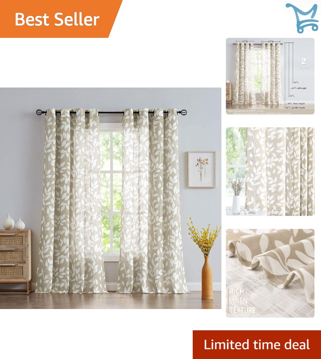 Semi Sheer Curtains Linen Texture Leaf Pattern Taupe 52W x 72L Room Decor