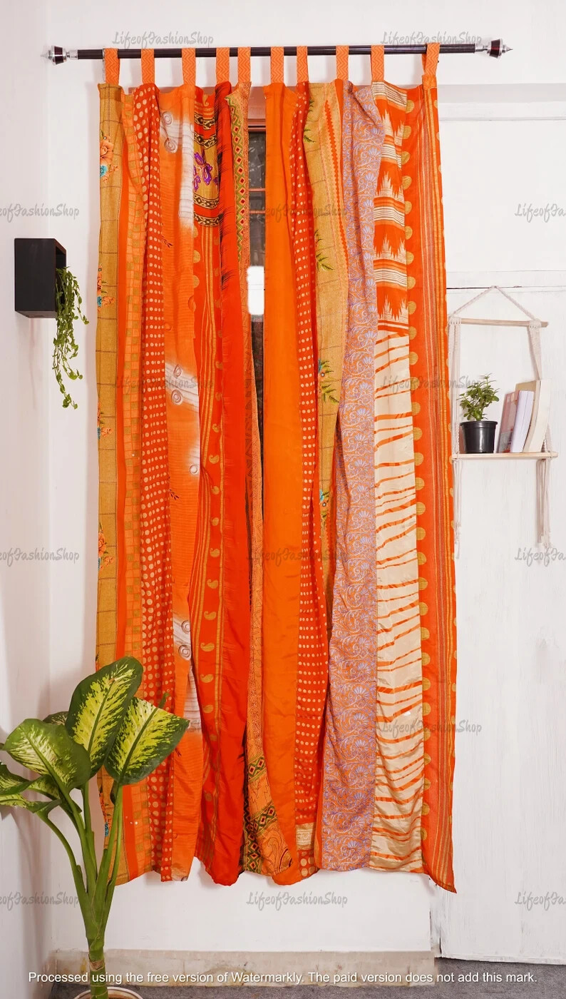 2 Pc Indian Old Recycle Silk Saree Boho Multi Curtain Door Drape Decor Curtain