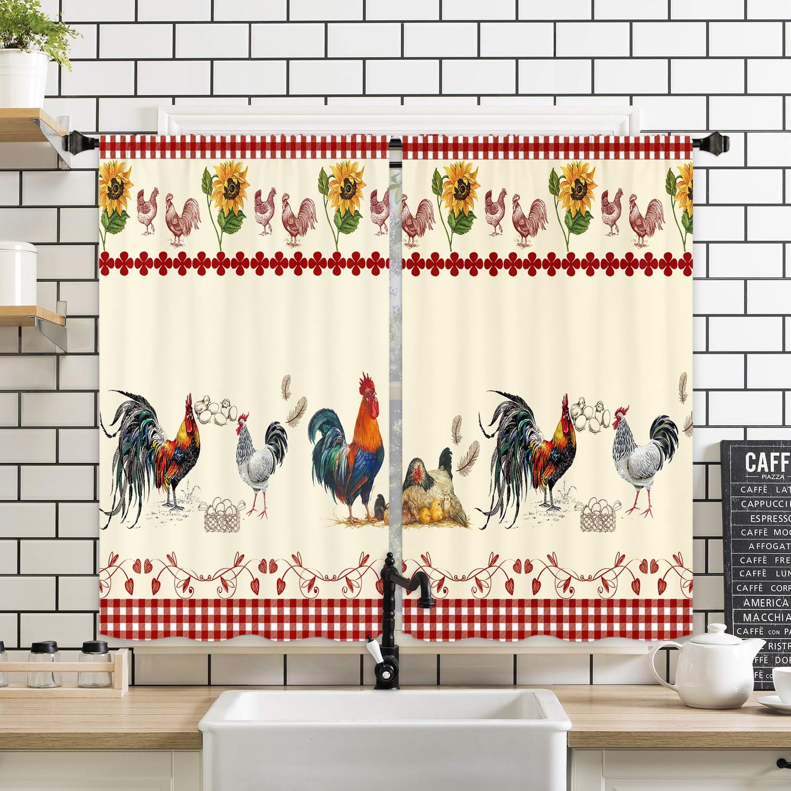 Rooster Chicken Kitchen Window Curtains 2 Panels 27.5W x 39H Rod Pocket Farmh…