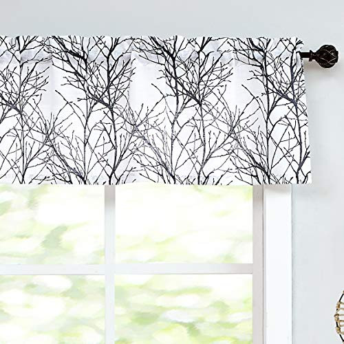 Window Valance Curtains Black Tree Branch Print Semi Sheer White Short
