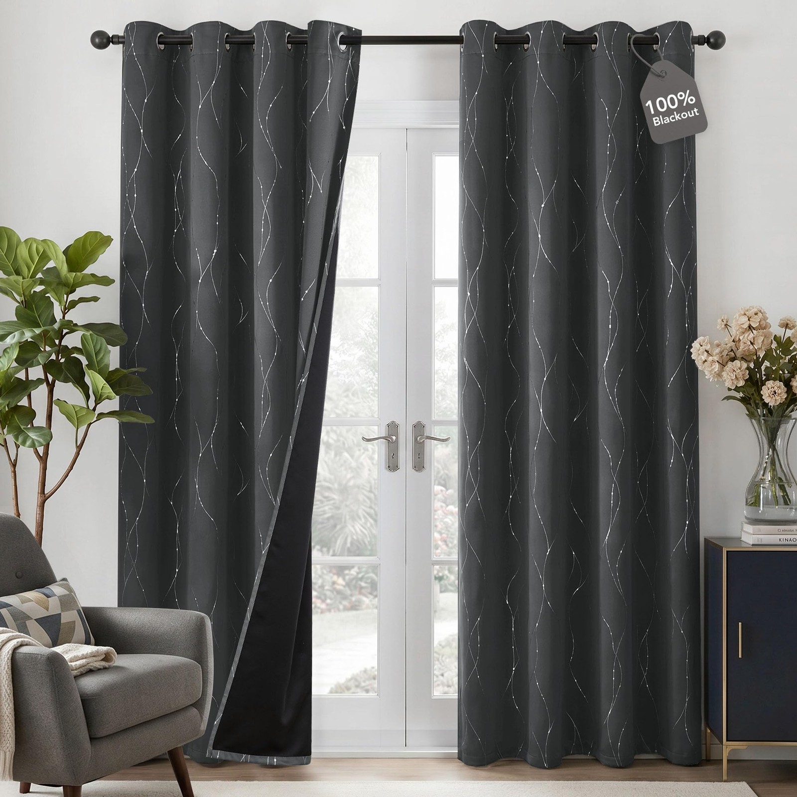 100% Blackout Curtains, Dark Grey Thermal Grommet Drapes, Silver Wave Dots Fo…