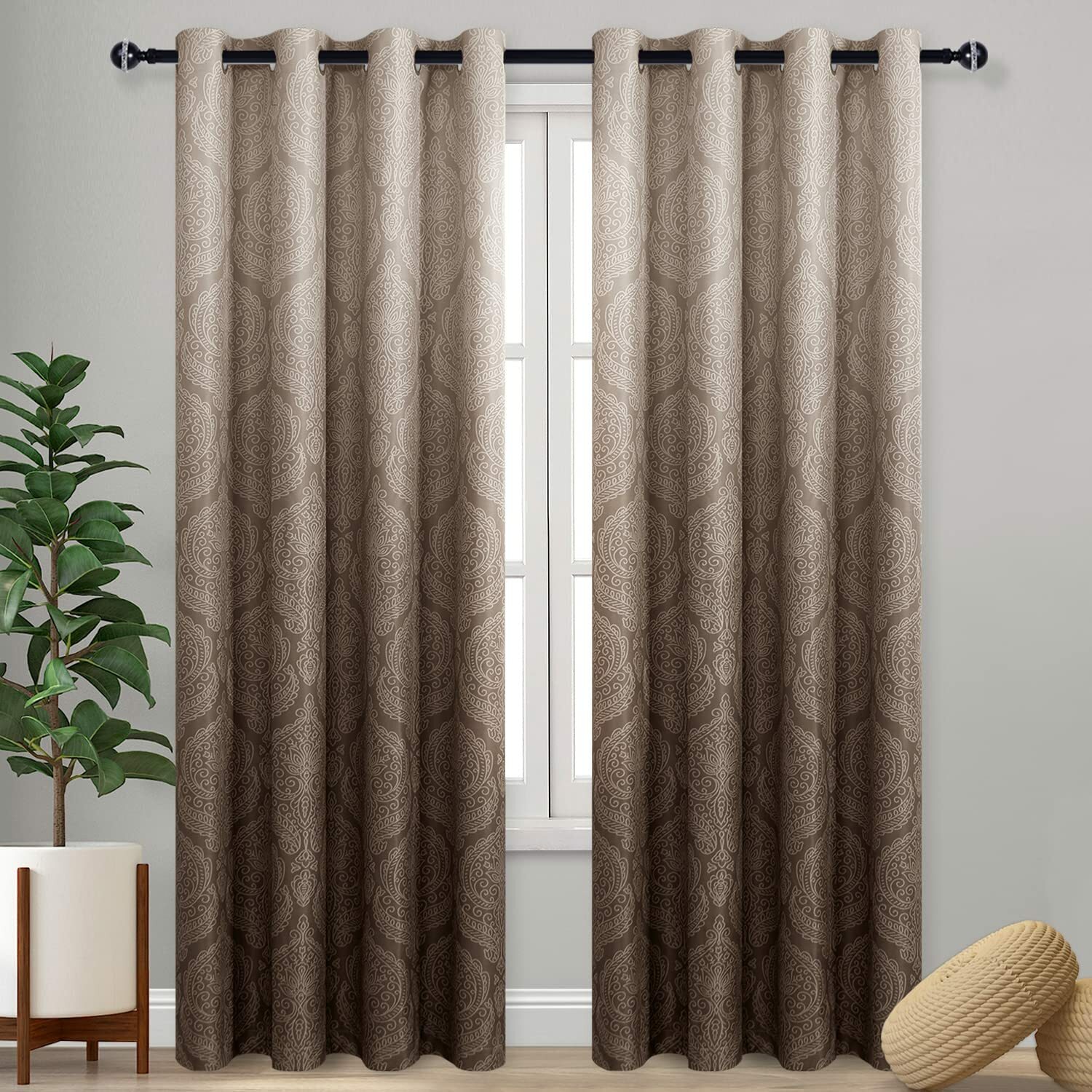 Set 2 Brown Beige Ombre Damask Curtains Panels Drapes Pair 63 84 96 in L Grommet