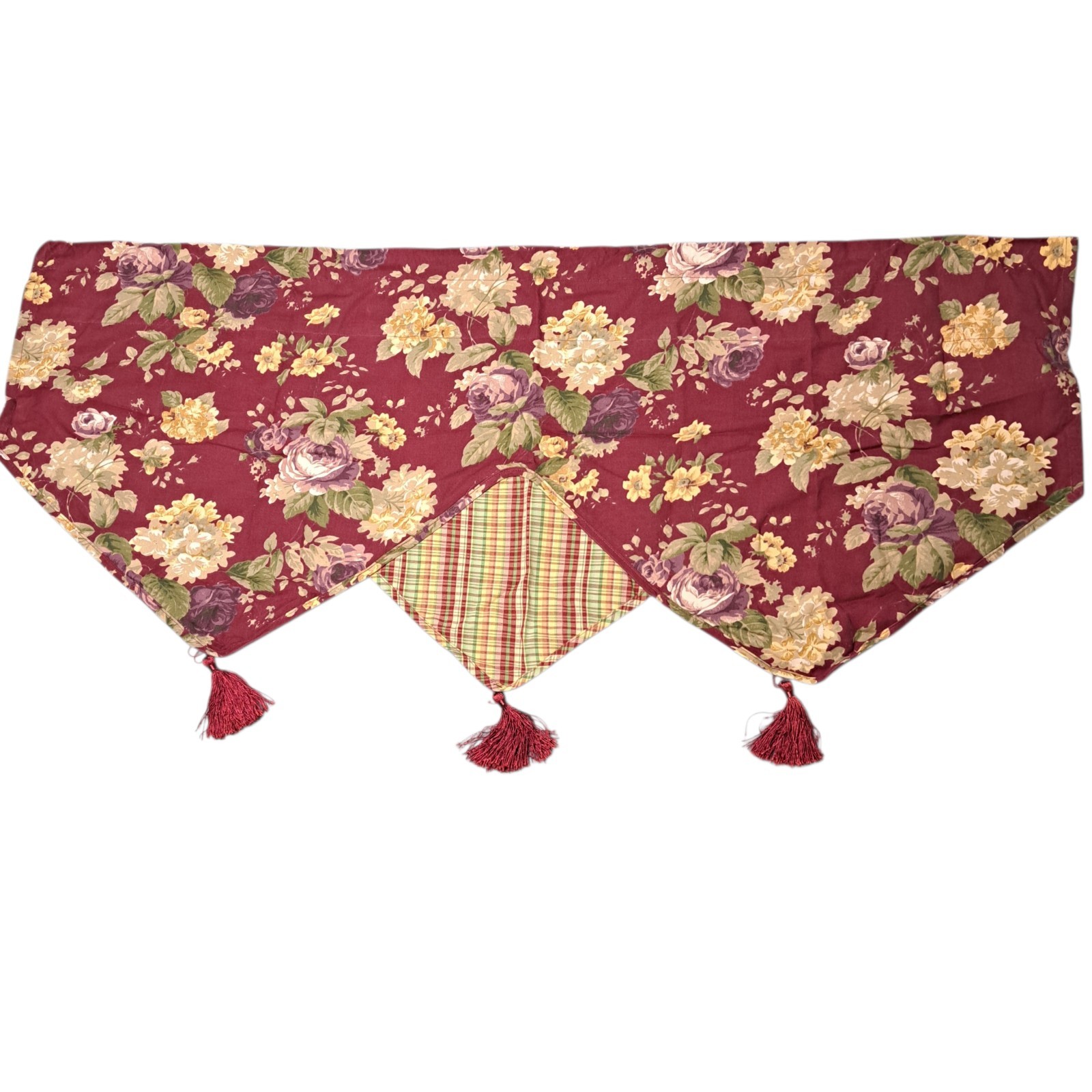 Curtain Valance Floral Plaid 51×22 Cottage Farmhouse Country Burgundy Red Vtg