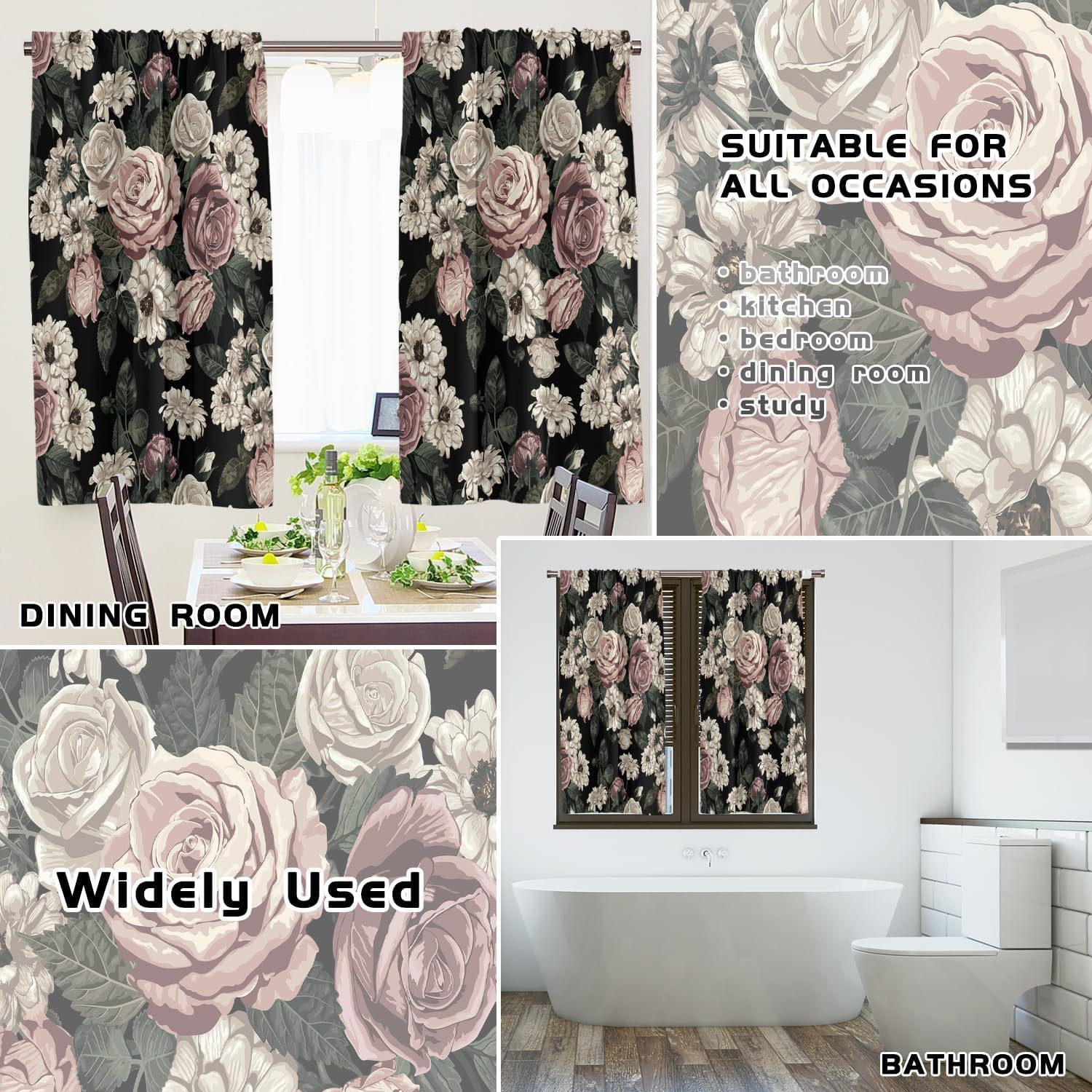 Black Floral Kitchen Window Curtains Rod Pocket Small Short Cafe Vintage Gothic
