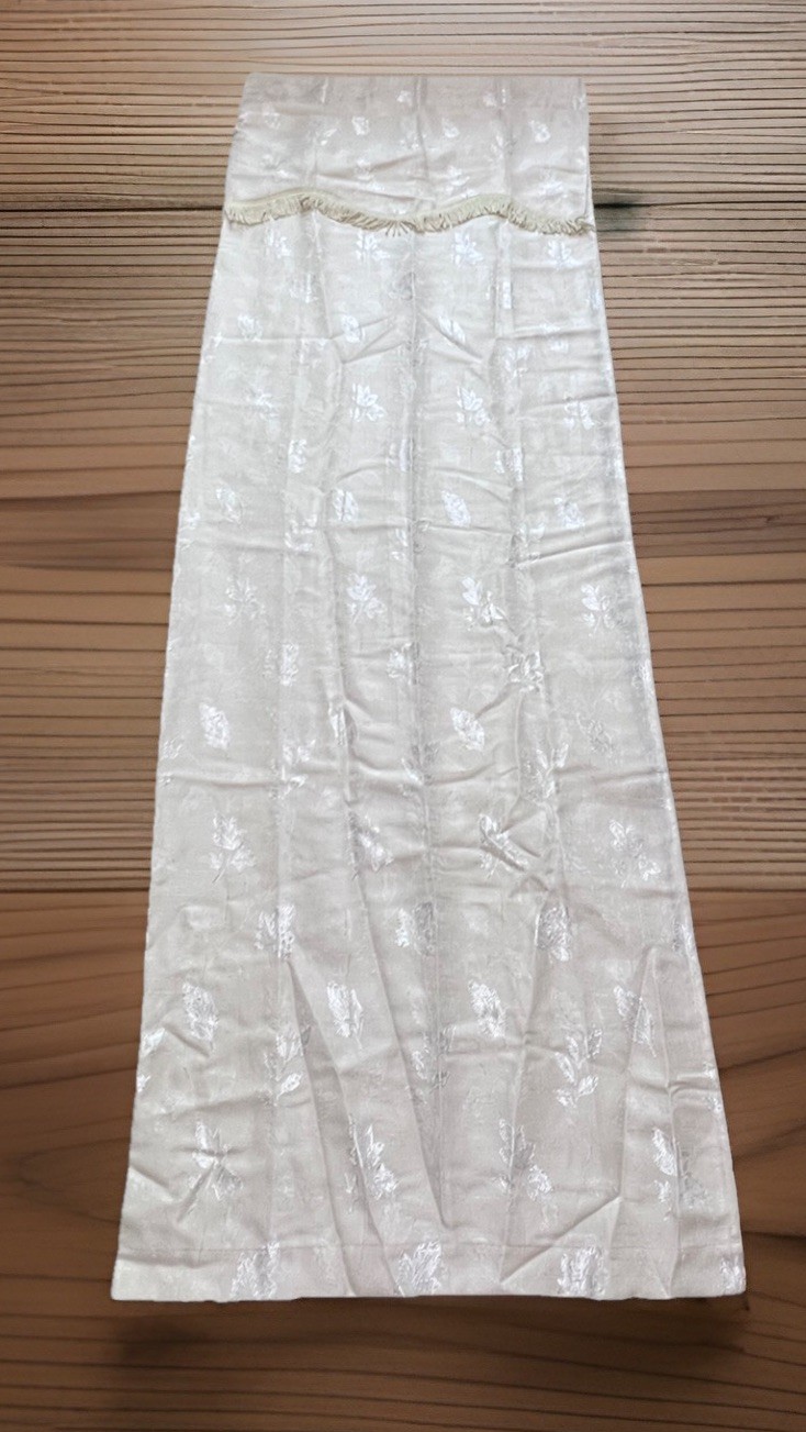 Vtg Damask Floral Jacquard 1 CURTAIN PANEL Ivory Beige attached Fringe Valance