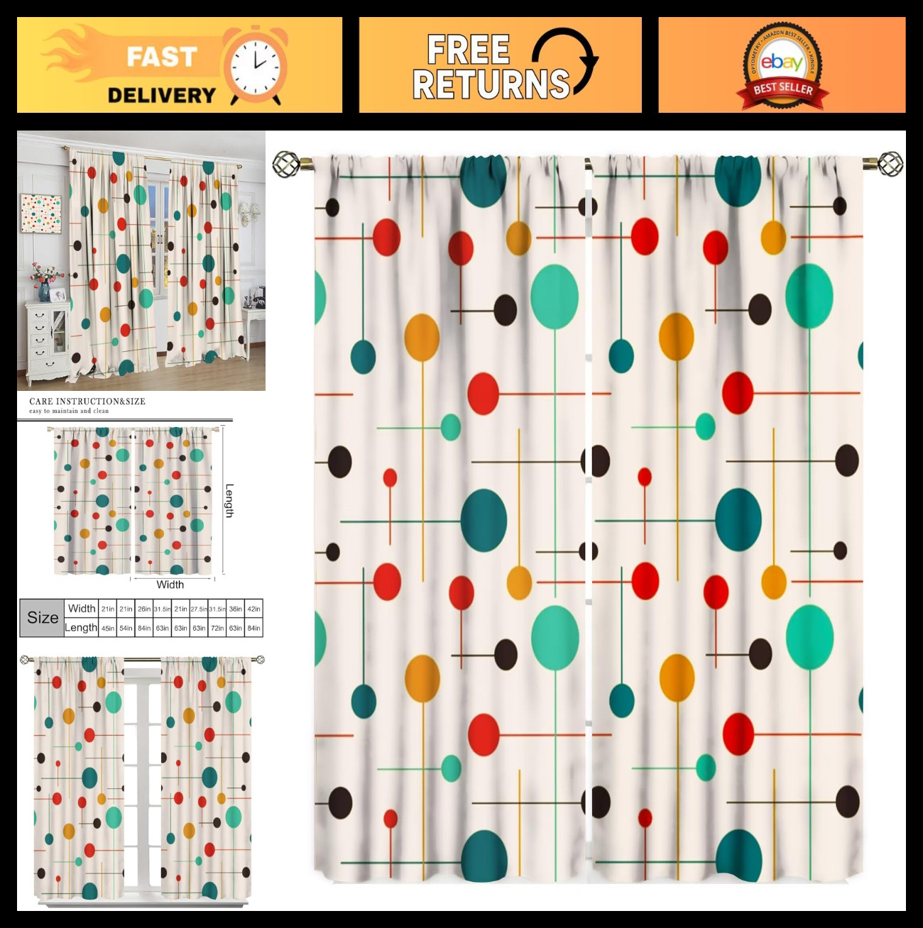 Mid Century Modern Curtains – Retro Atomic Starburst Geometric Window Drapes 42x