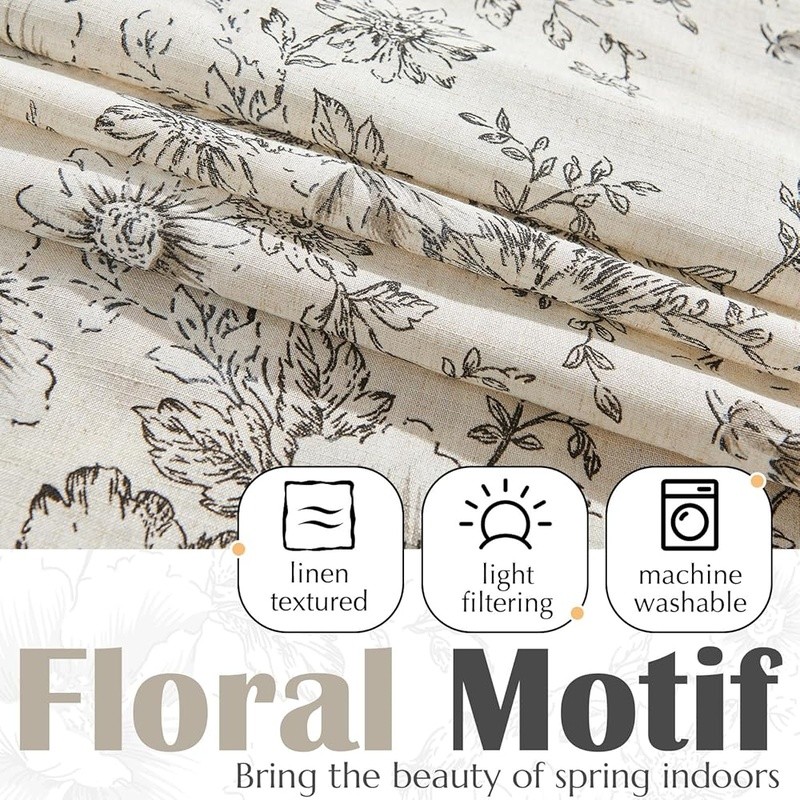 Floral Window Valance Double Layer Peony Pattern Light Filtering Country Decor