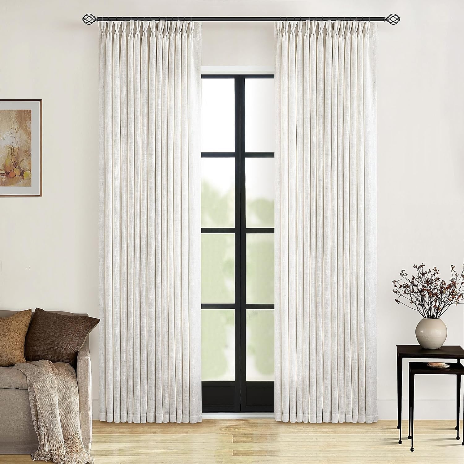 90 Inch Pinch Pleated Linen Curtains 2 Panel Set for Living Room Cream Natural T