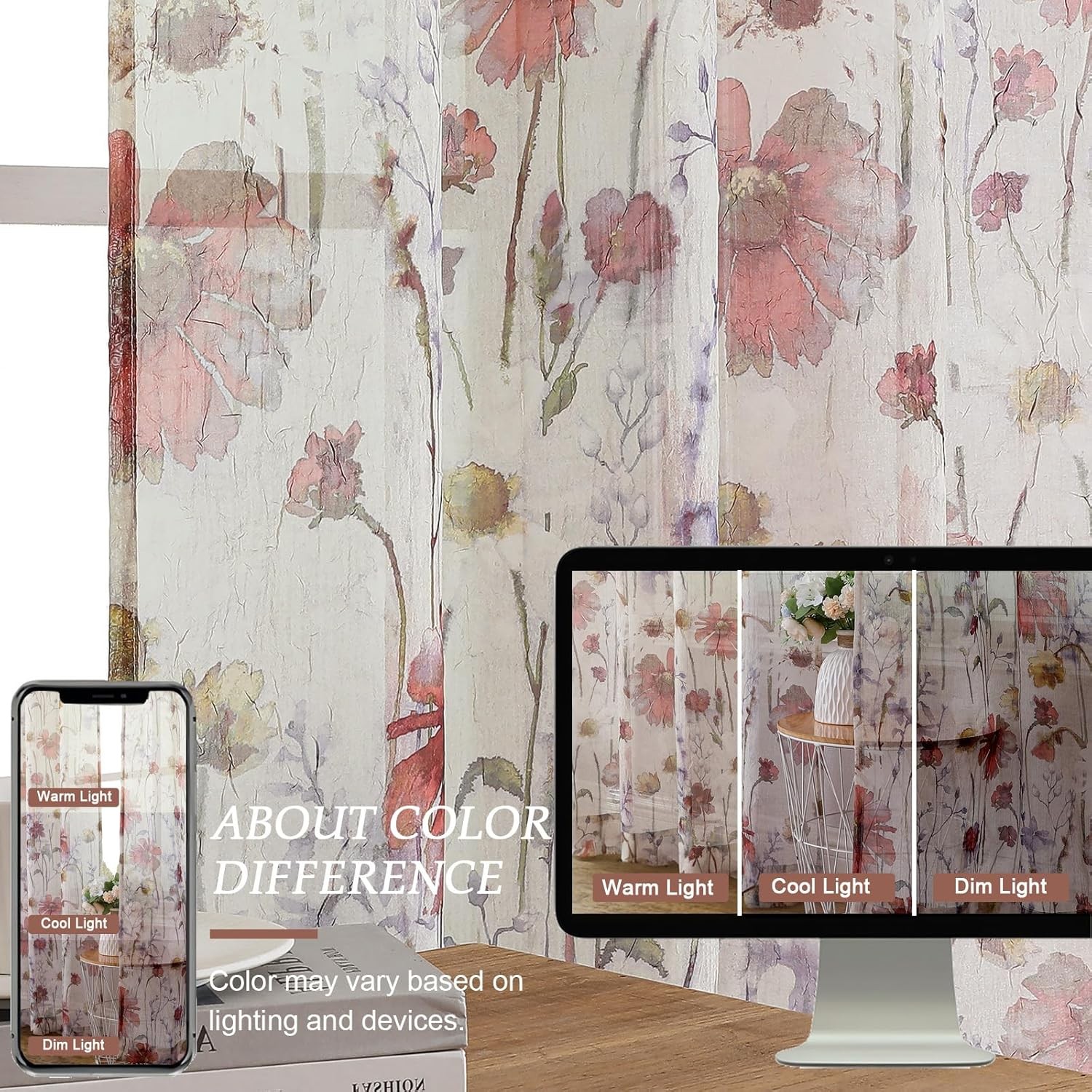 Crushed Valances for Windows 14 Inch Length 2 Pcs, Printed Short Sheer Curtains