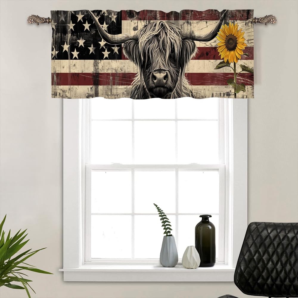 1 Panel Farmhouse Highland Cow Valance for Windows, Flag Sunflower Rod Pocket…