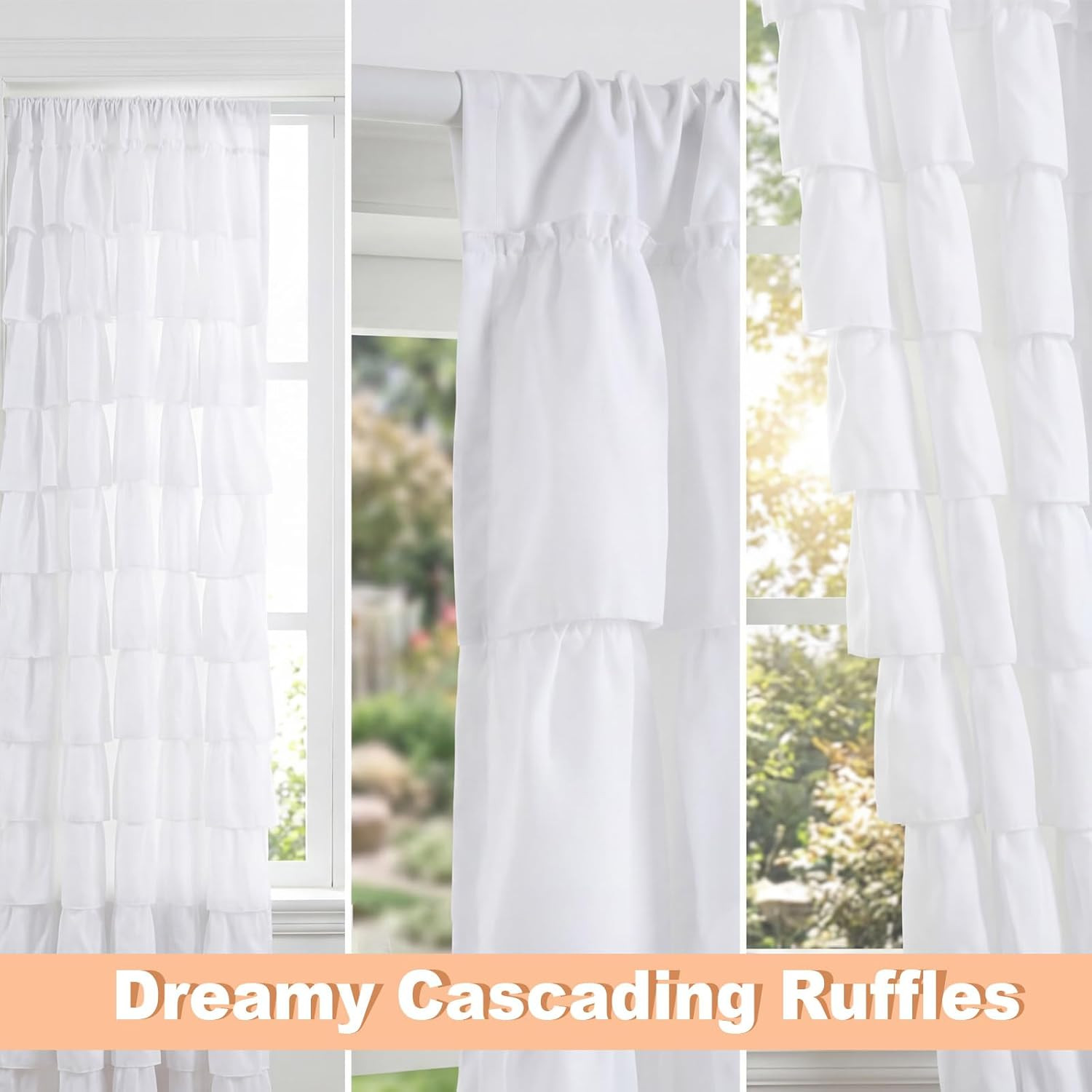 Dorm White Ruffle Curtain Flounced Ruffle Rod Pocket Curtain 52″ W X 84″ L Girl