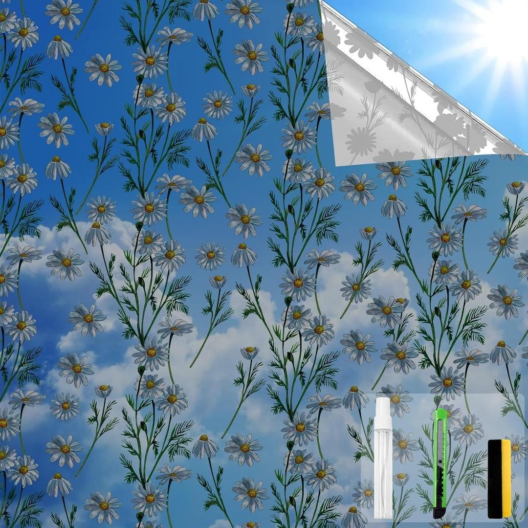 Sunshine Window Film One Way Privacy Black-Silver Daisy 35.4 x 78.7 in