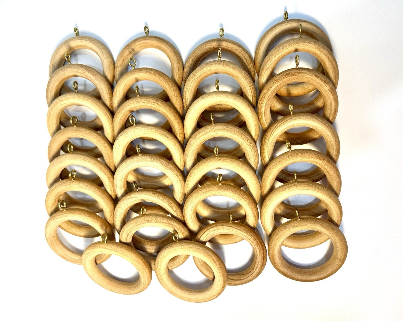 Set Of 30 Natural Wooden Curtain Rings~Gold Eye Hook 2.5” Stainable