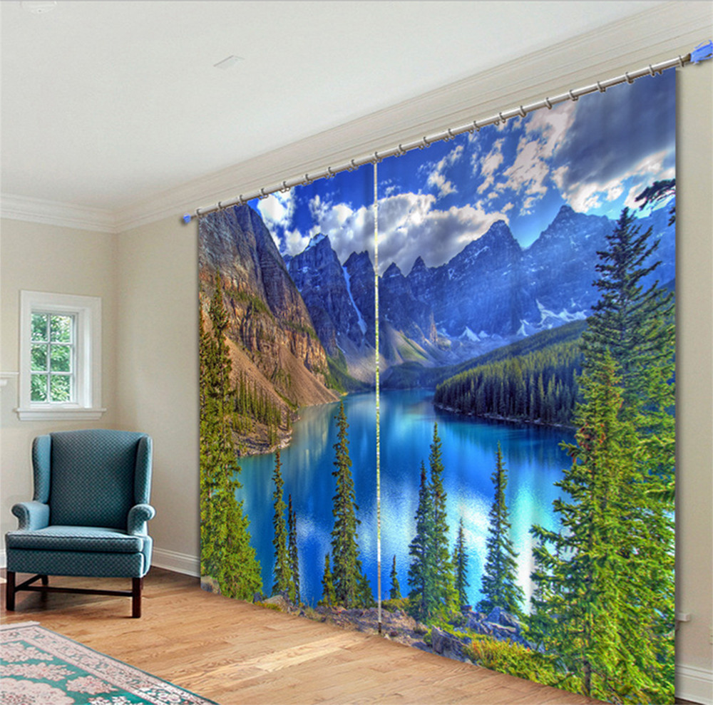 3D Sky Mountain Tree Reflection Window Curtains Mural Blockout Drapes Fabric New