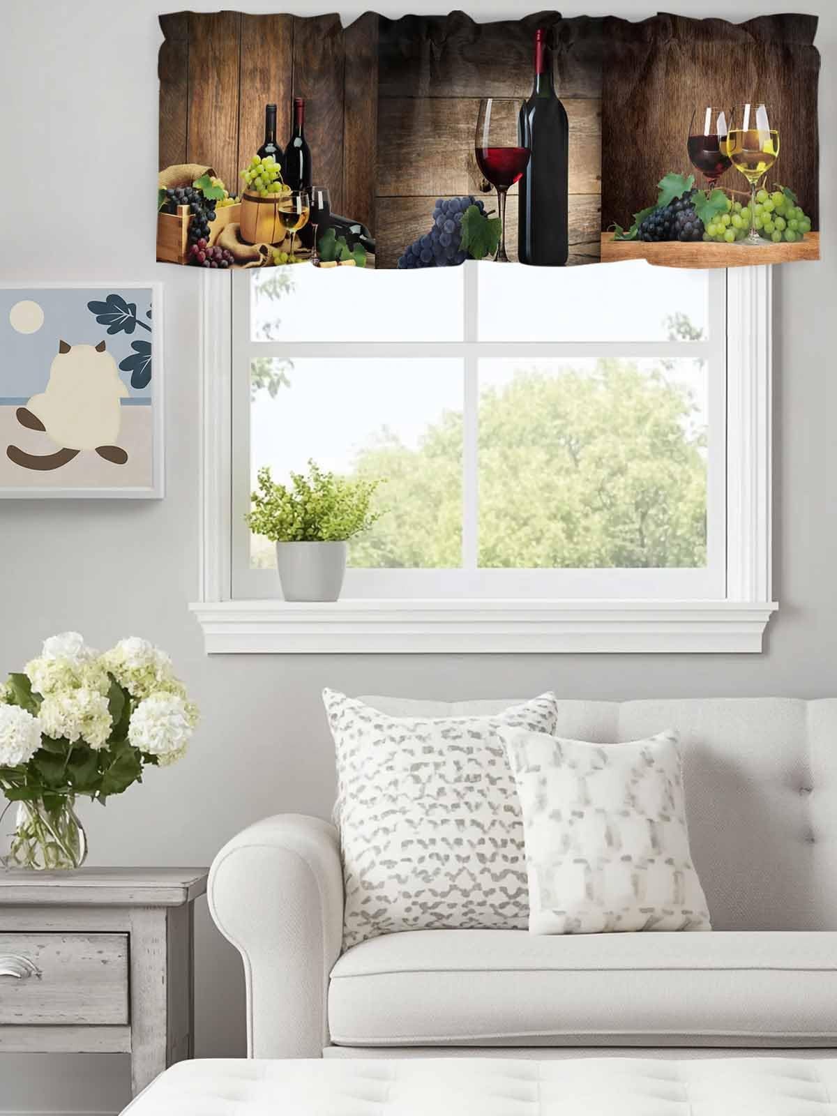 Farm Valance for Windows, Red Wine Grapes Wine Barrel Valances Curtain Rod Po…