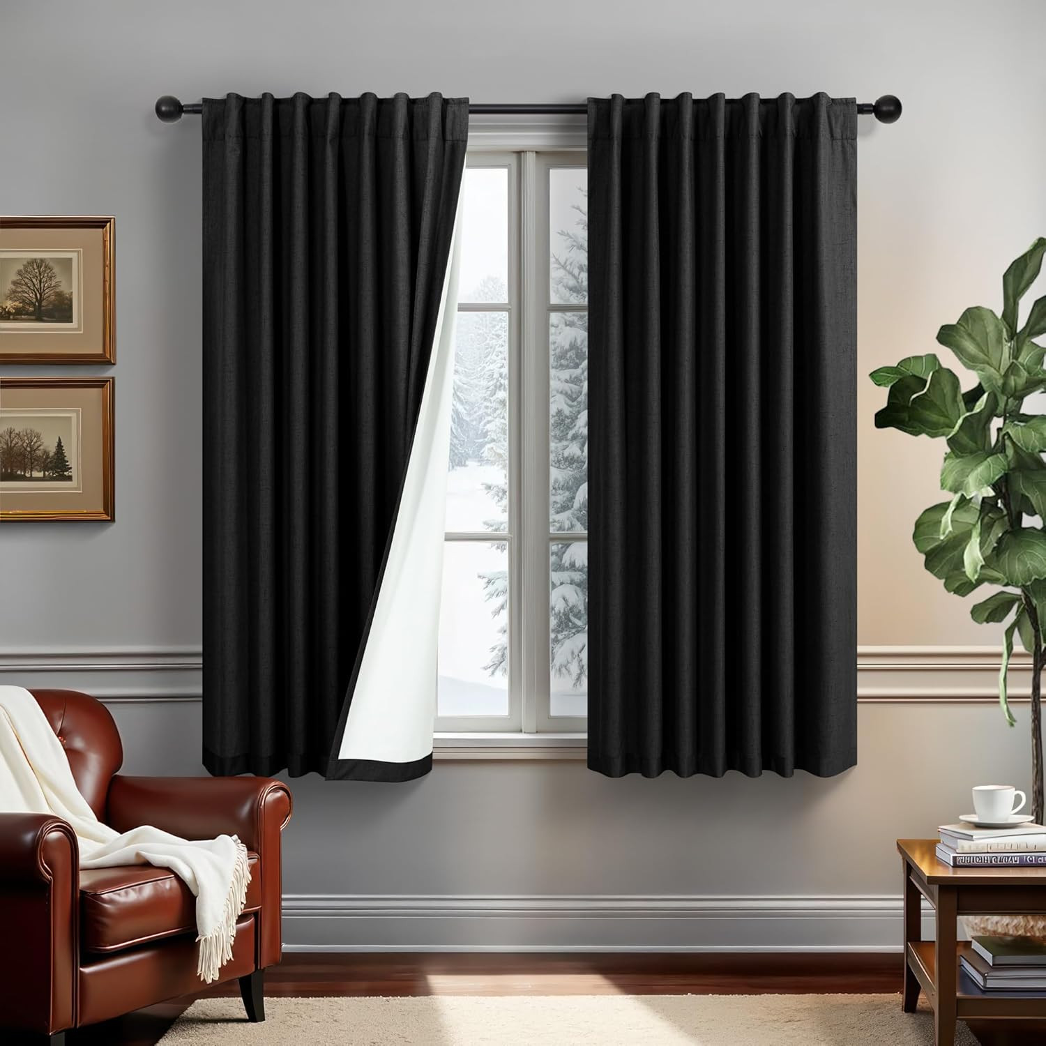 Burgundy Linen Blackout Curtains 45″ Long, 2 Panels, Insulated & Soundproof