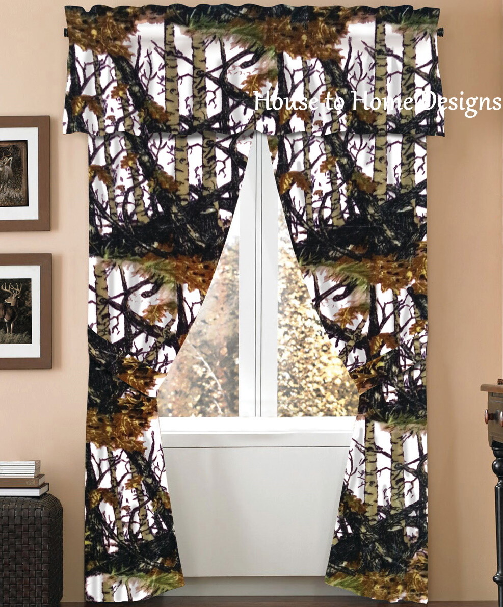 WINTER WHITE CAMO CURTAINS 5pc SET 84 x 84 : WOODS TREE HUNTING WINDOW CURTAIN