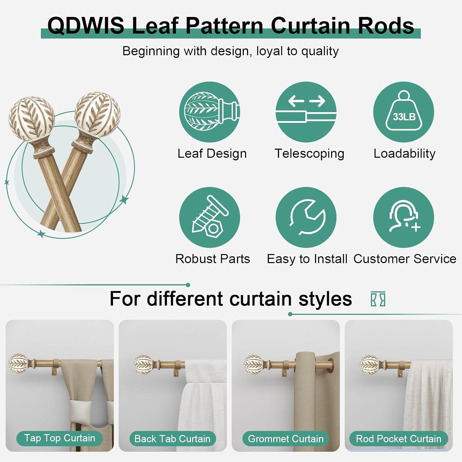 Heavy Duty Adjustable Curtain Rod Decorative Boho Window Drapery Hardware Set