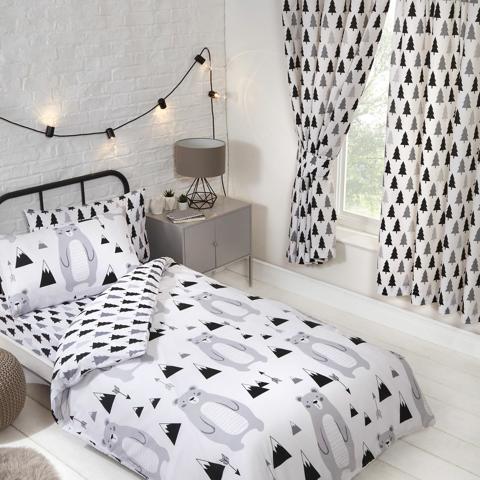 Scandi Bear Forest Lined Curtains 54″ / 137cm Drop White Grey Kids