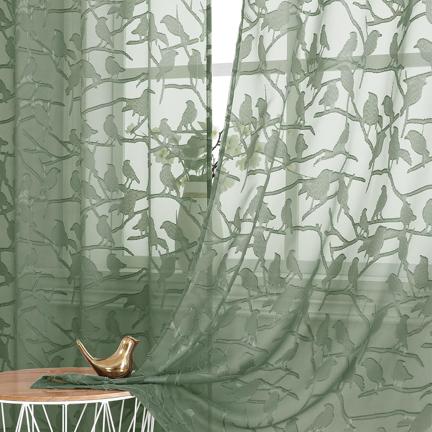 Anji Sheer Sage Green Curtains 63 Inches Long, Light & Airy Privacy Textured She
