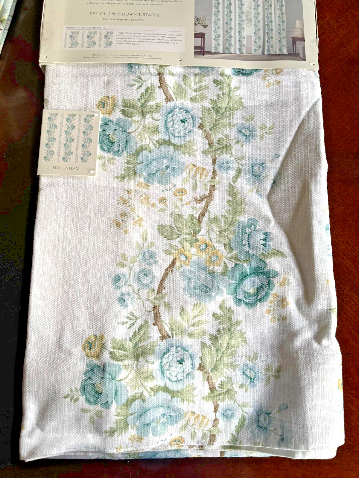 SANDERSON Hykenham Floral Cotton Curtains 2 Drapes 50″ x 96″ Blue