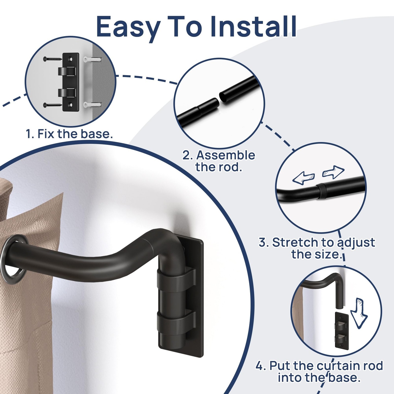 Blackout Curtain rod for windows 48 to 84, Wrap Around Curtain Rods for Bedro…